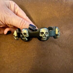 Black Leather Bracelet with Skull Accents